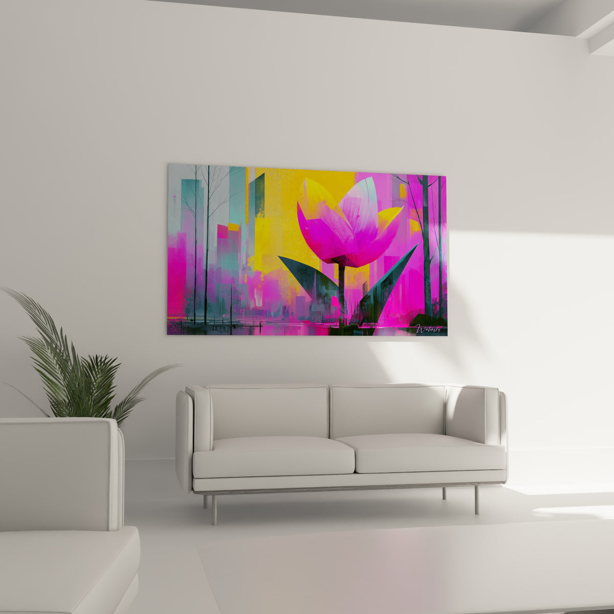Pétales fuchsia et bleu pastel de cette tulipe urbaine surplombant un canapé dans un salon lumineux