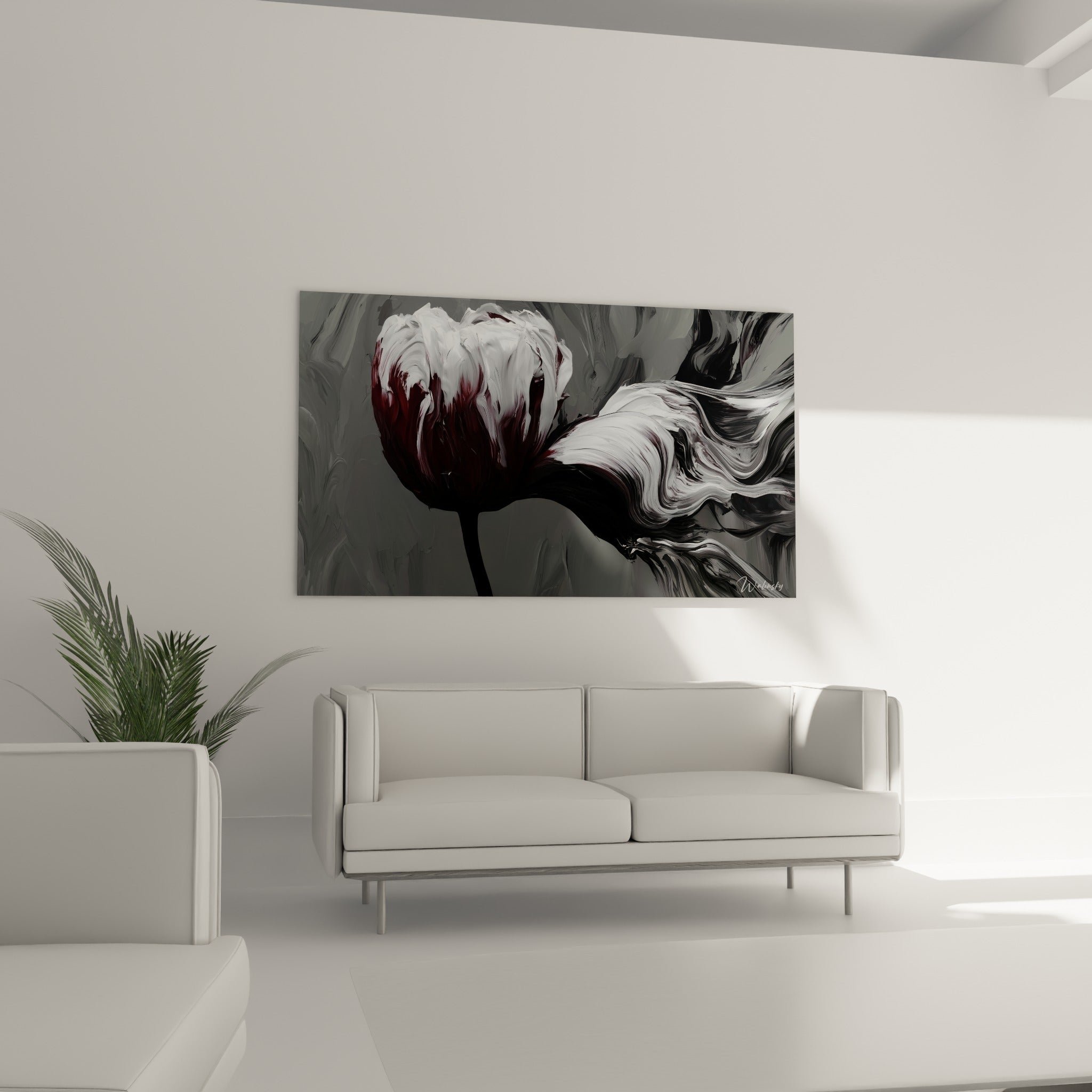 Pétales blancs striés de bordeaux profond, tableau suspendu au-dessus d'un canapé dans un salon lumineux