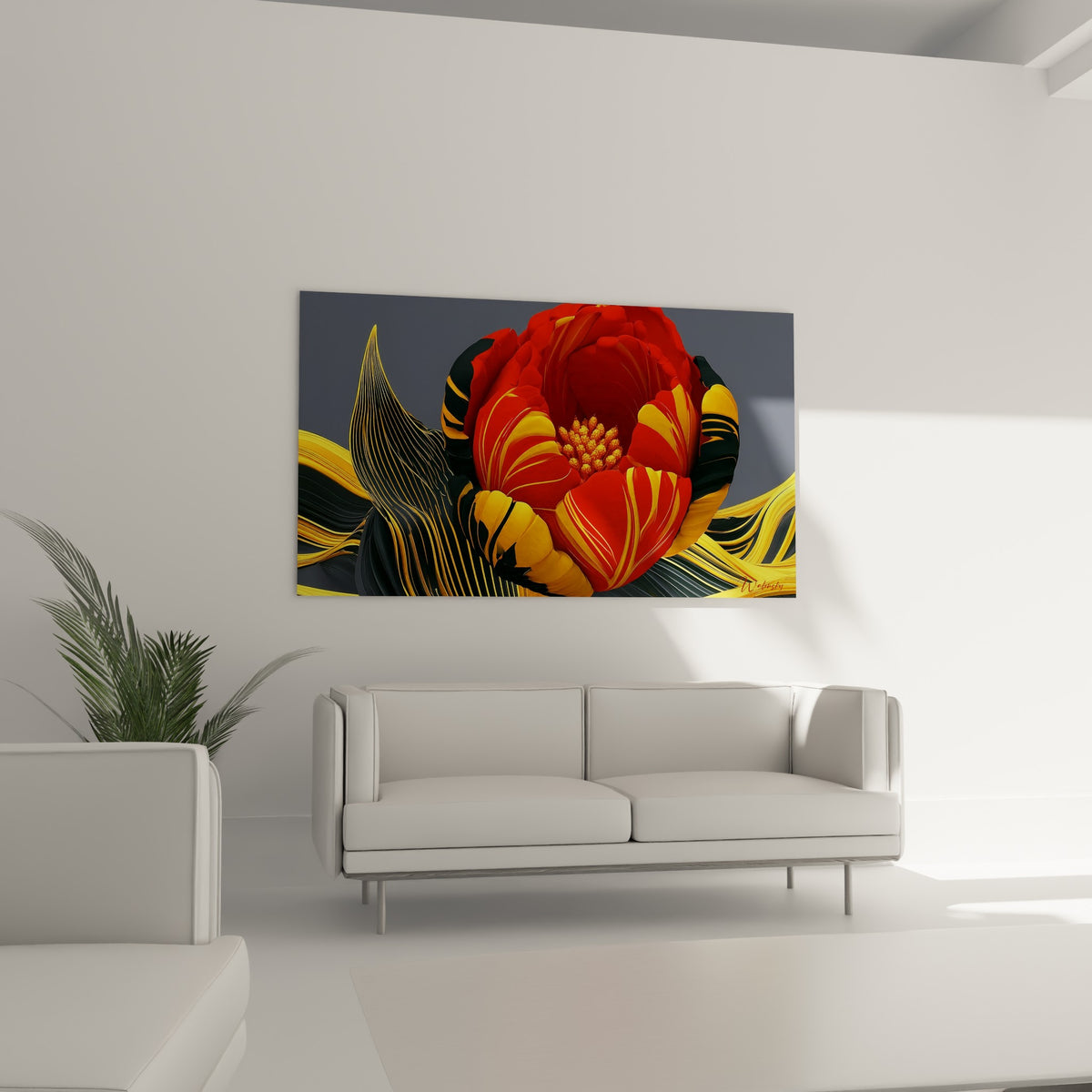 Pétales rouges et dorés d'une tulipe stylisée, suspendus au-dessus d'un canapé dans un salon lumineux