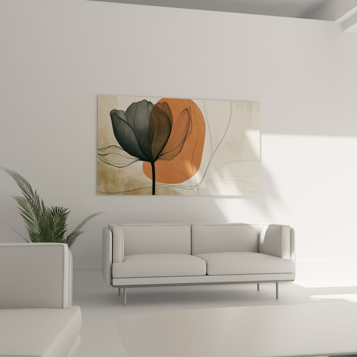 Pétales transparents noirs et fond orangé chaud placés au-dessus d'un canapé dans un salon lumineux