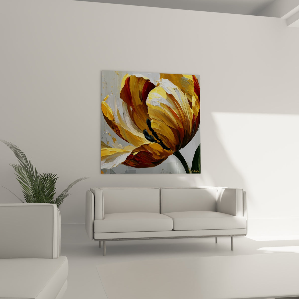 Pétales jaune miel et rouge sombre d'une tulipe empâtée, suspendus au-dessus d'un canapé dans un salon lumineux
