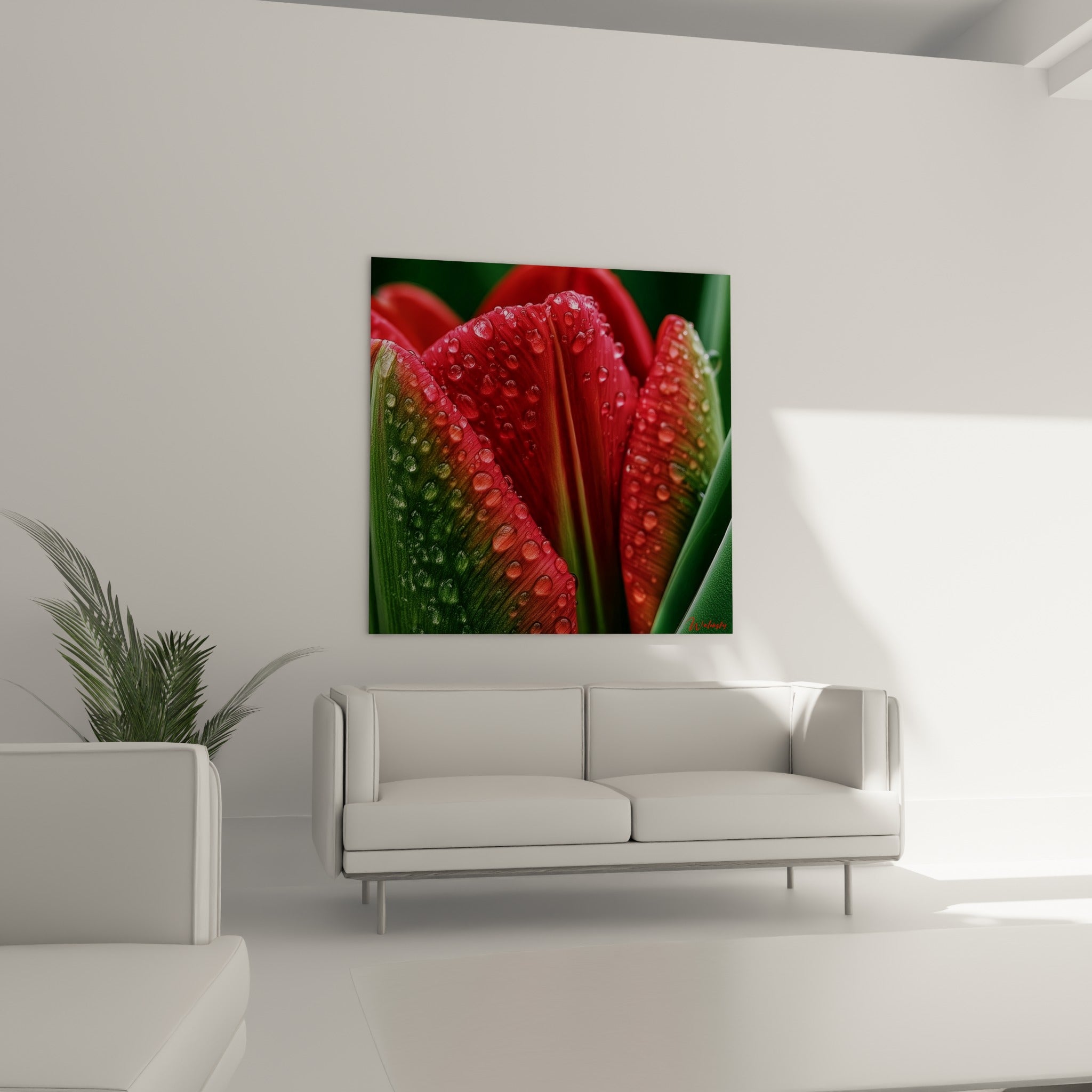 Tulipe rouge et verte ornée de gouttelettes brillantes, suspendue au-dessus d'un canapé dans un salon lumineux