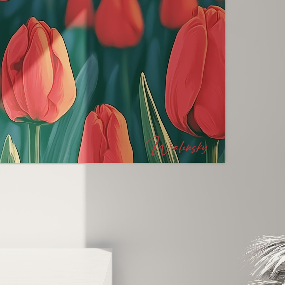 Pétales rouges veloutés et tiges vert sapin de la tulipe révélant le grain fin de l'impression