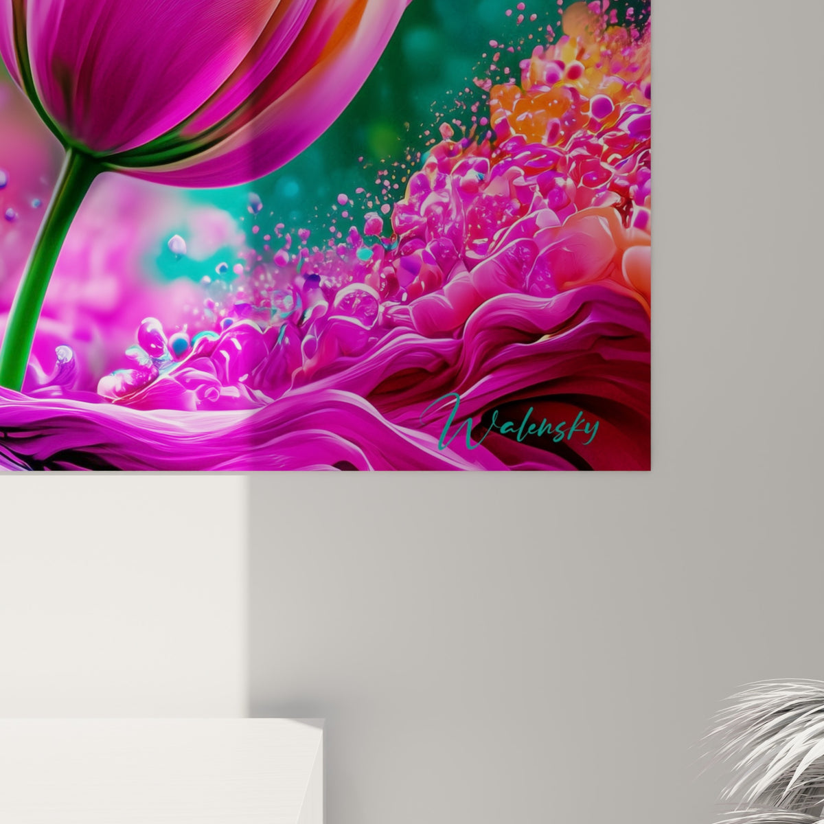 Pétales de tulipe striés de rose et d'orange, texture fine et éclaboussures turquoise visibles de près sur la toile