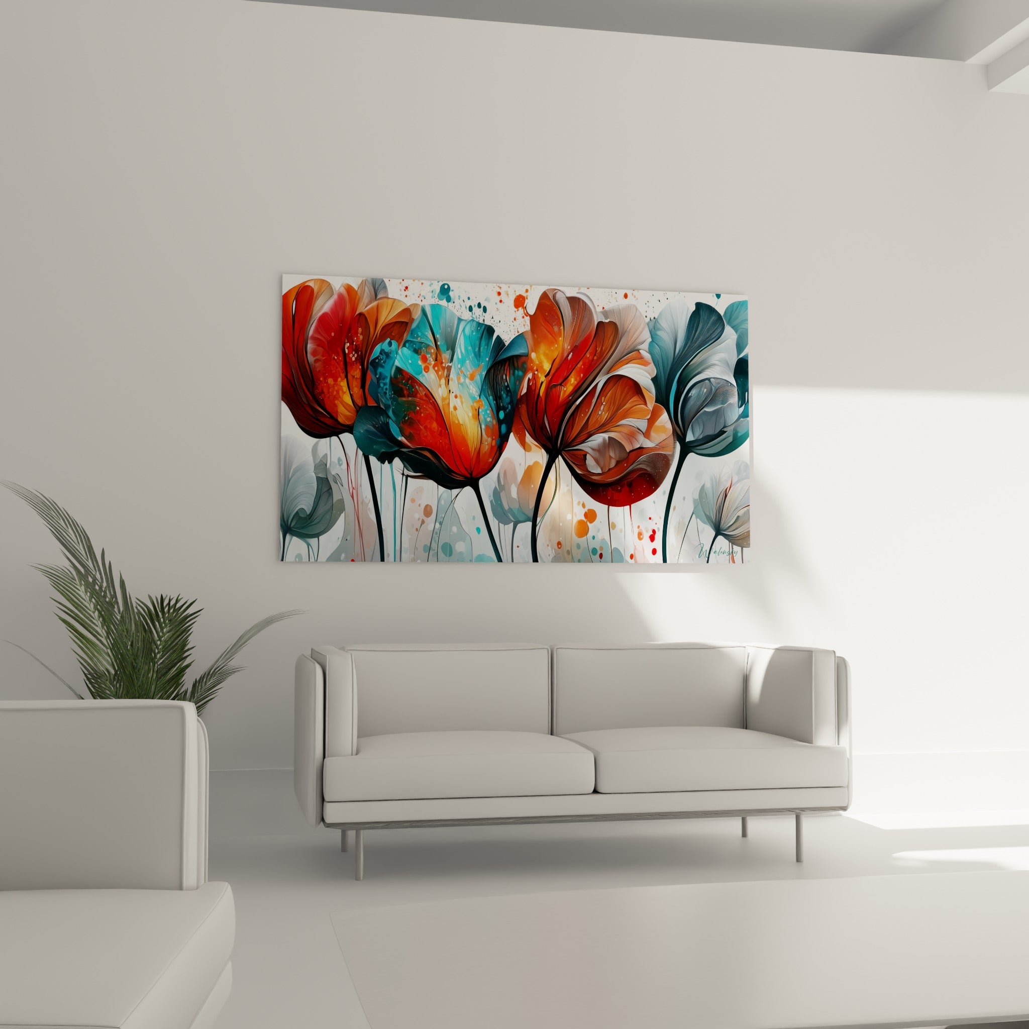 Tulipes orange vif et bleu profond aux nervures fines, au-dessus d'un canapé dans un salon lumineux