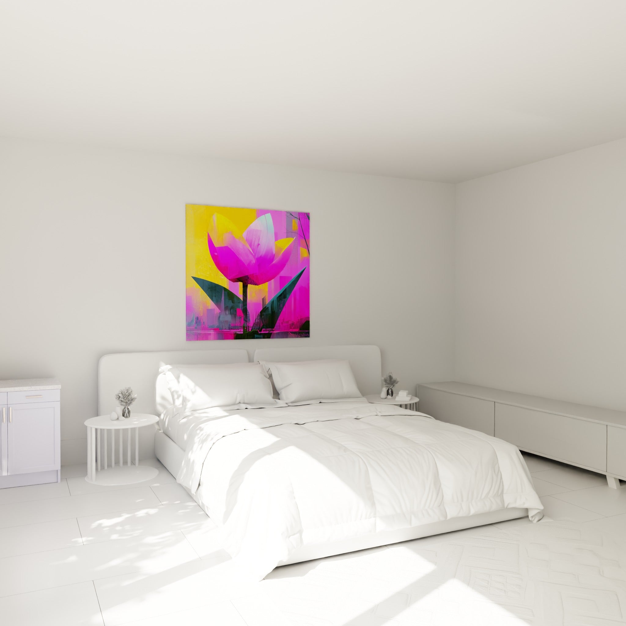 Pétales rose vif et jaune ocre de la tulipe accrochés au-dessus d'un lit dans une chambre claire