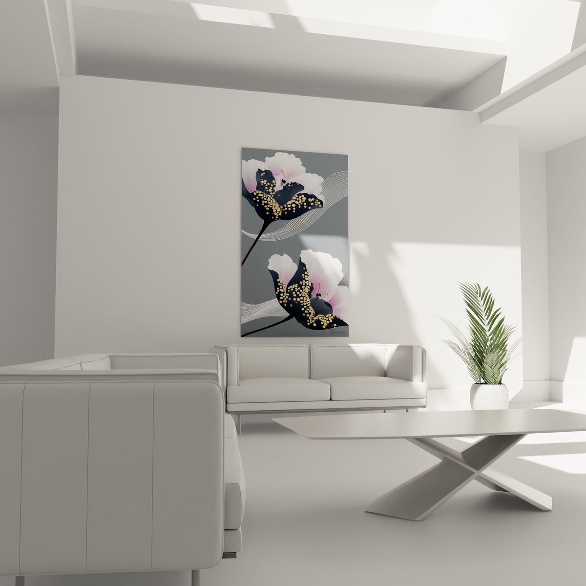 Pétales roses et anthracite scintillants d'éclats dorés au-dessus d'un canapé dans un salon lumineux
