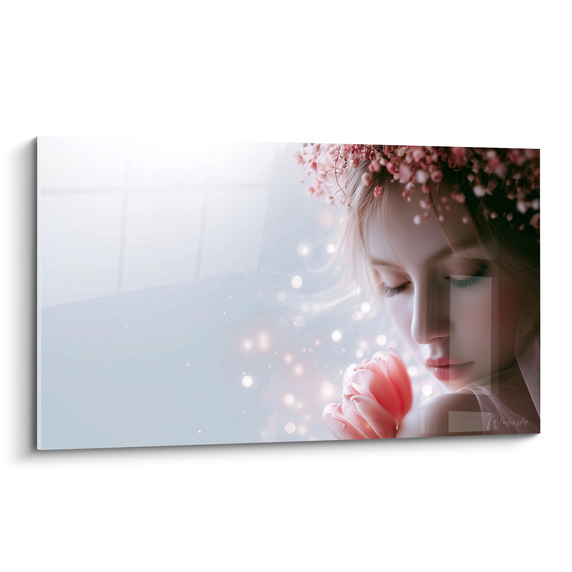 Tulipe rose tenue près du visage, couronne florale rose et blanche, lumière vaporeuse.