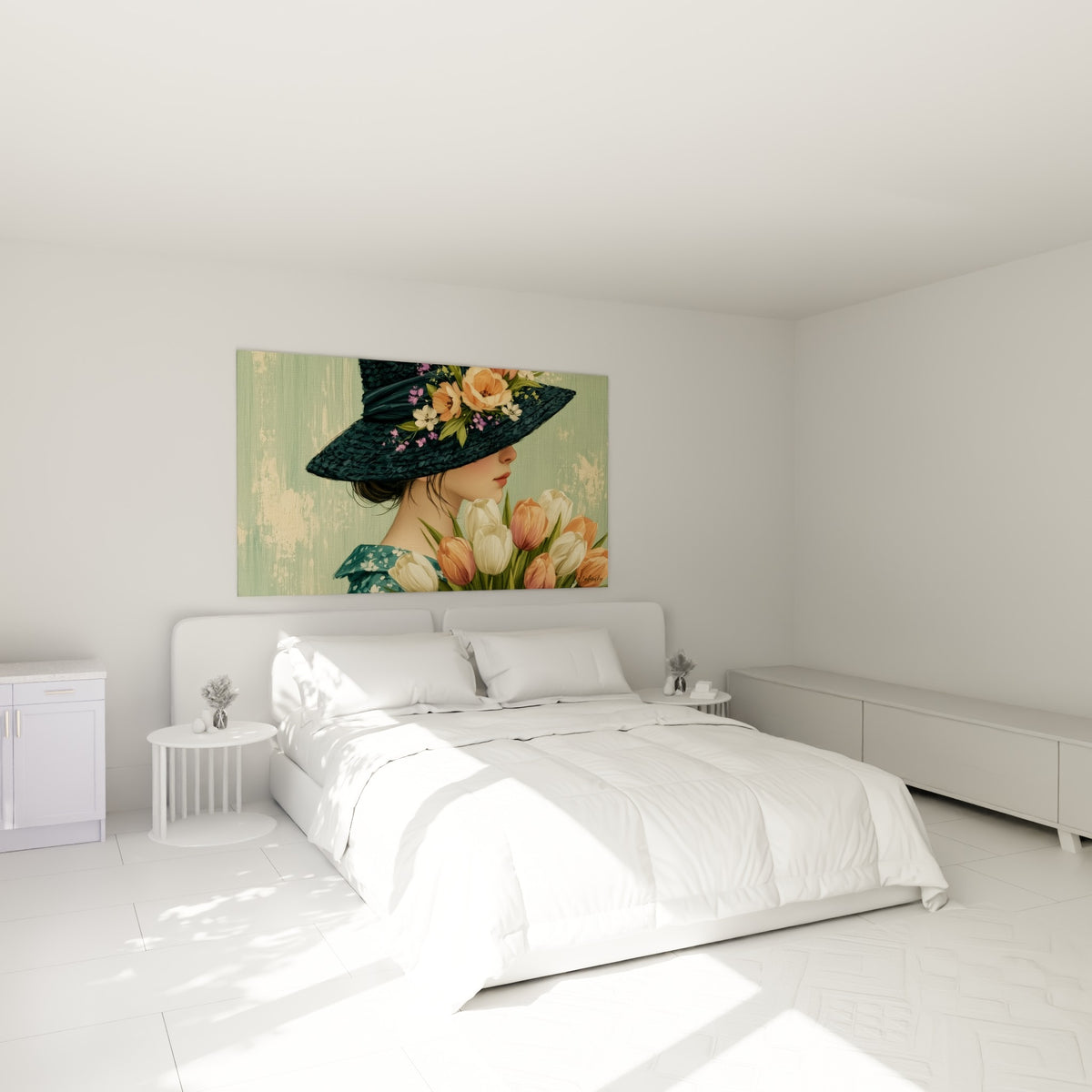 Silhouette élégante au chapeau bleu et fleurs pêche accrochée au-dessus d'un lit dans une chambre claire