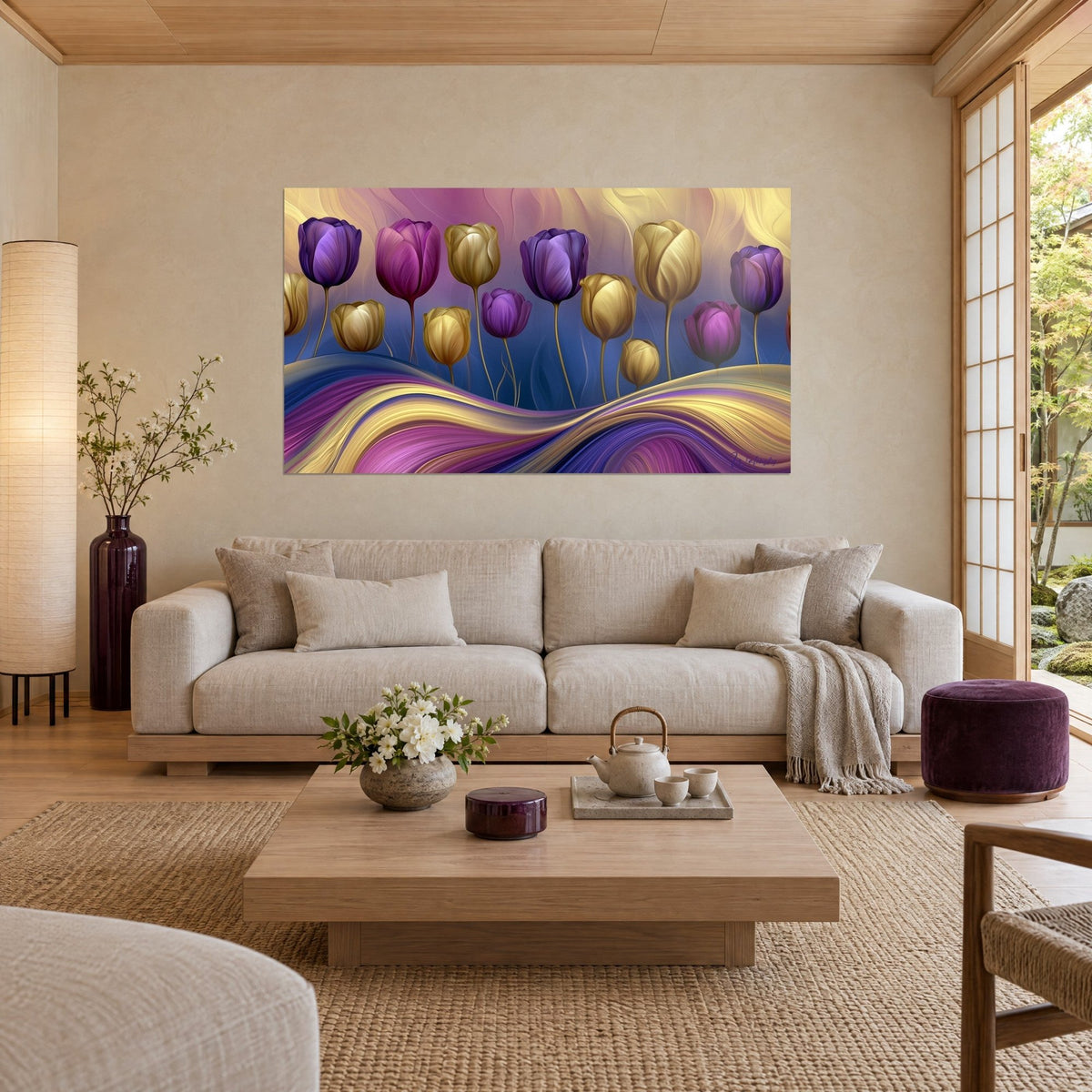 Tableau rangée de tulipes dorées et violettes sur vagues fluides indigo, au-dessus d'un canapé dans un salon lumineux