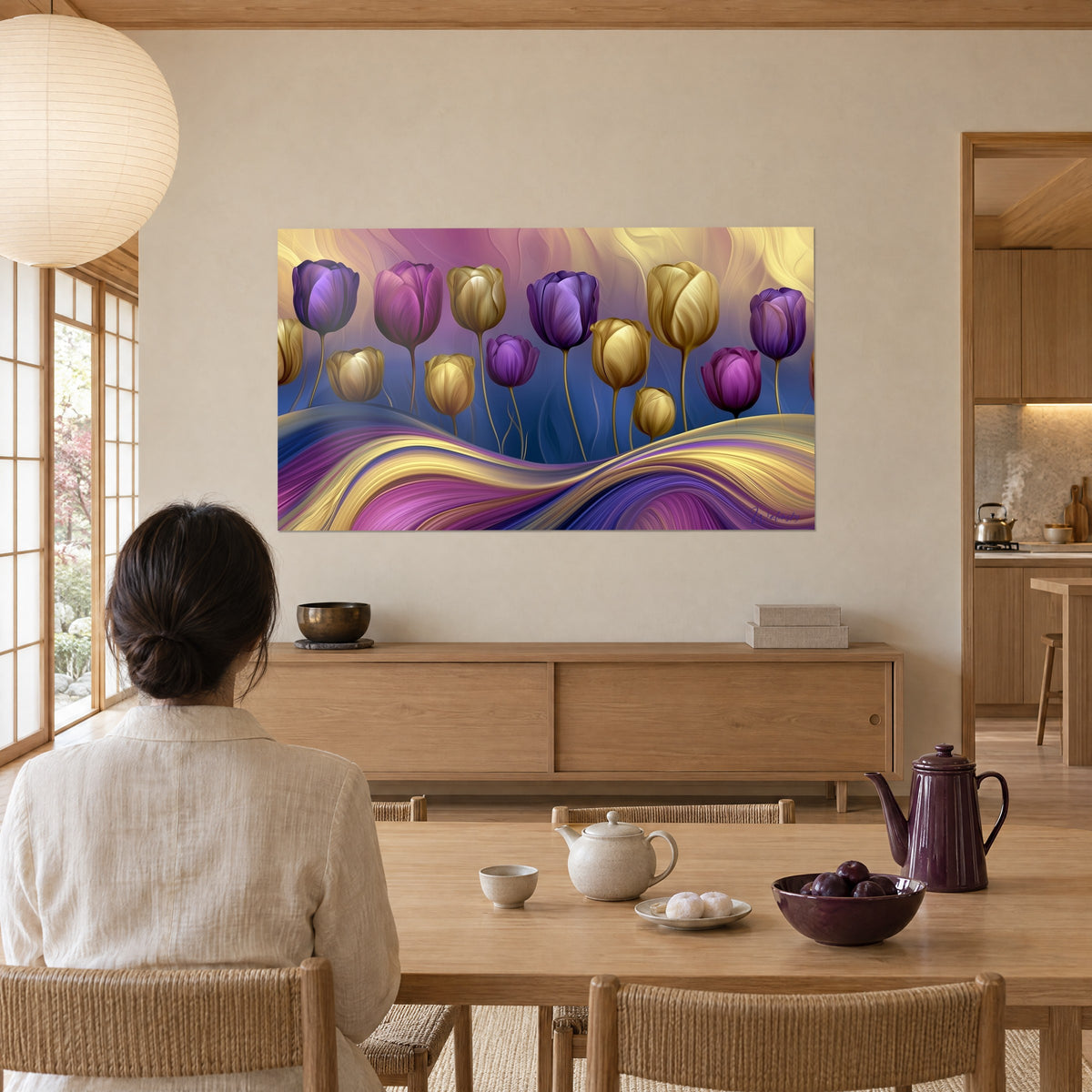 Tableau tulipes prune et or aux pétales soyeux sur vagues nacrées, face à une table basse en bois et thé fumant