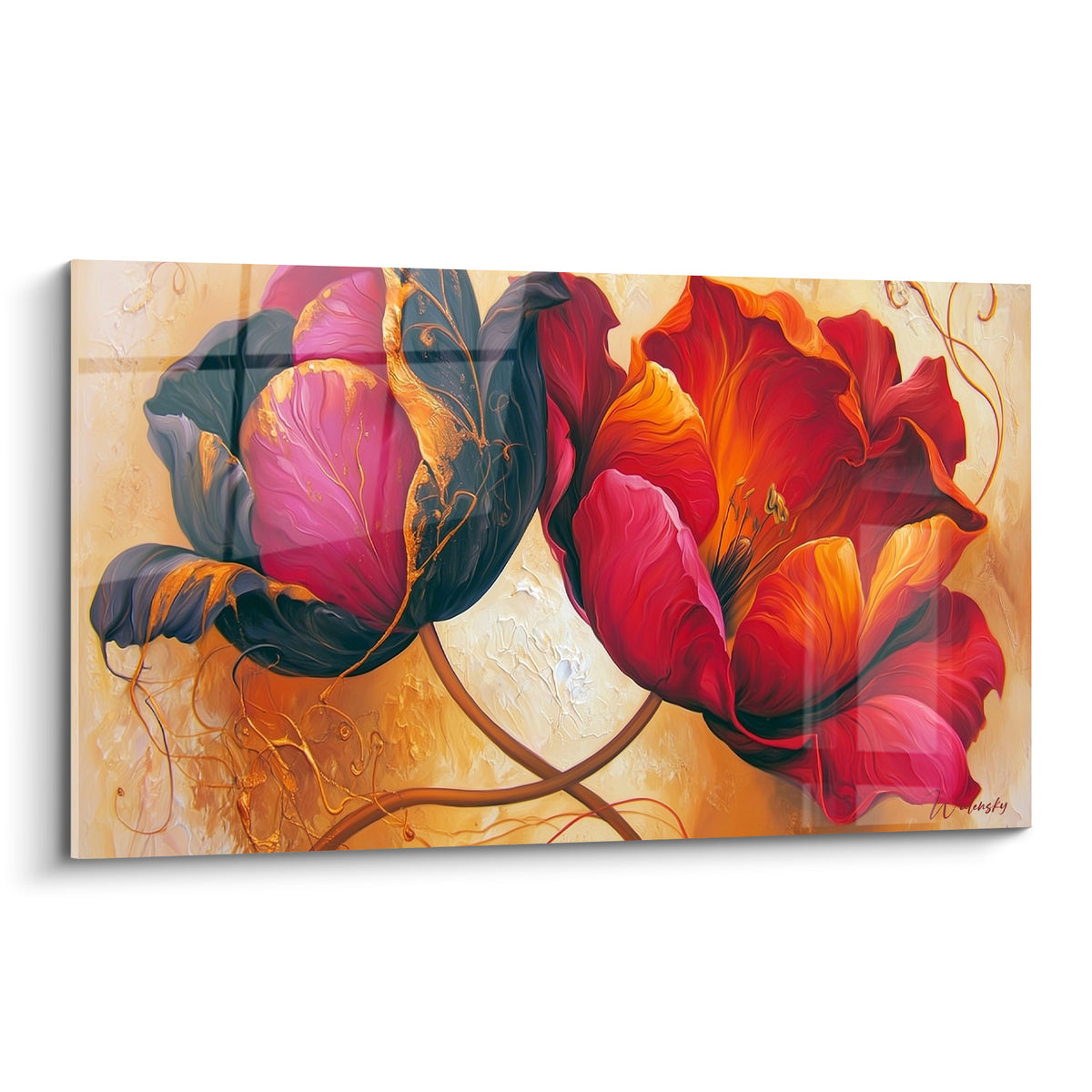 Tulipes pourpres et rouges aux pétales veinés d'or sur fond ocre texturé et lumineux