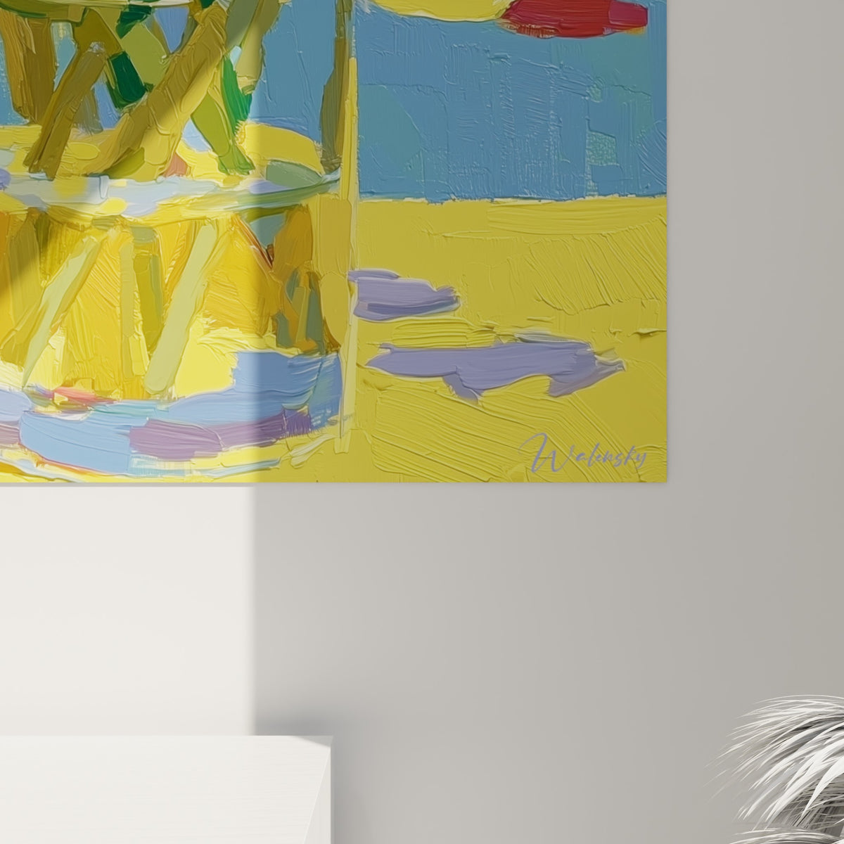 Empâtements épais de peinture jaune et bleue, matière relief des pétales de tulipes visible de près