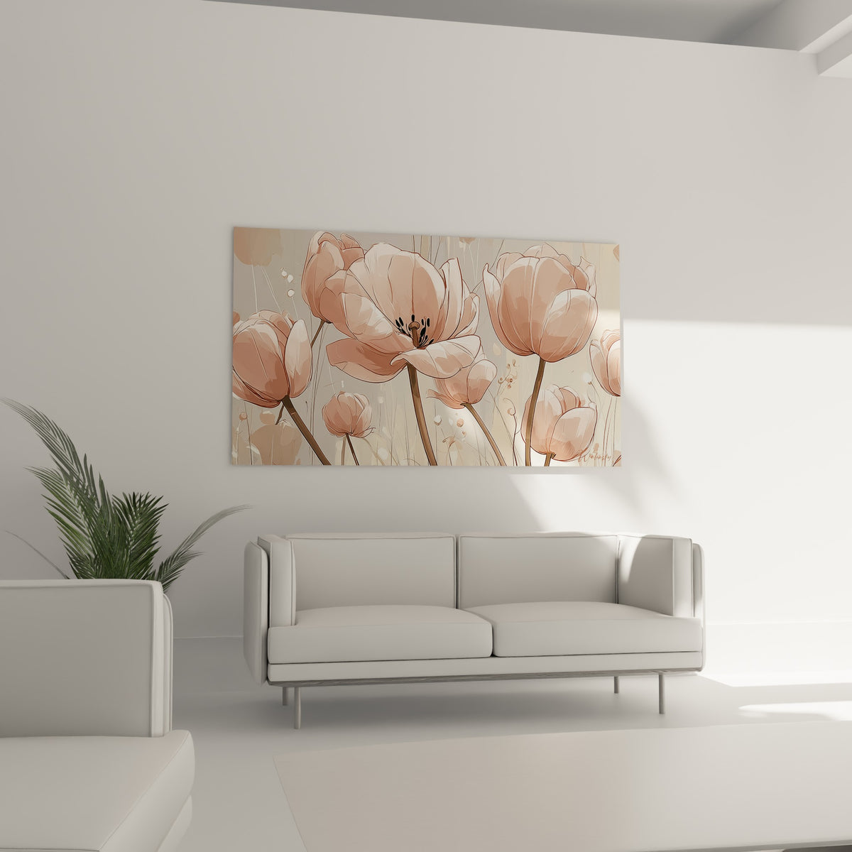 Tulipes roses poudrées et beige accrochées au-dessus d'un canapé dans un salon lumineux