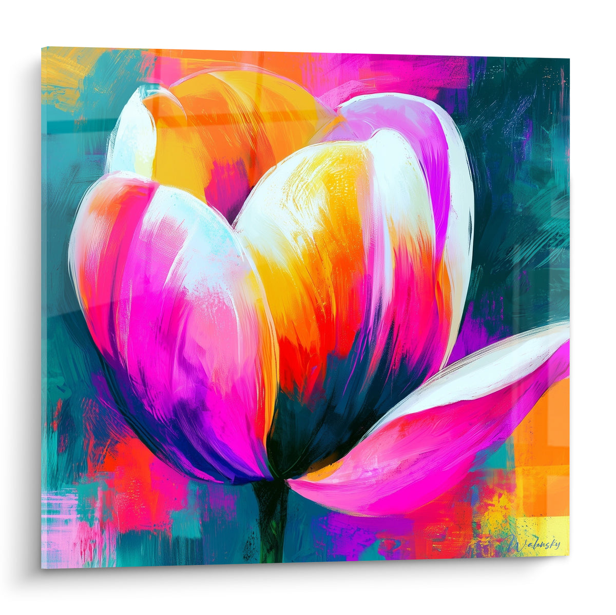 Tulipe aux pétales rose fuchsia et dorés sur fond turquoise et violet, peinture au couteau expressive