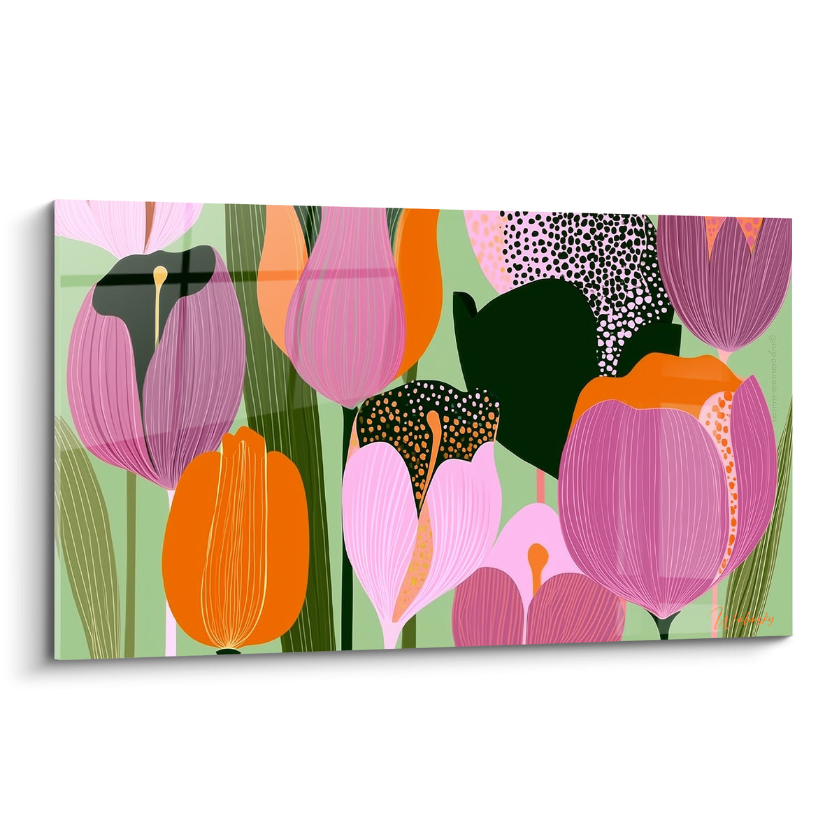 Tulipes roses et orange aux motifs pointillés sur fond vert tendre, style graphique moderne