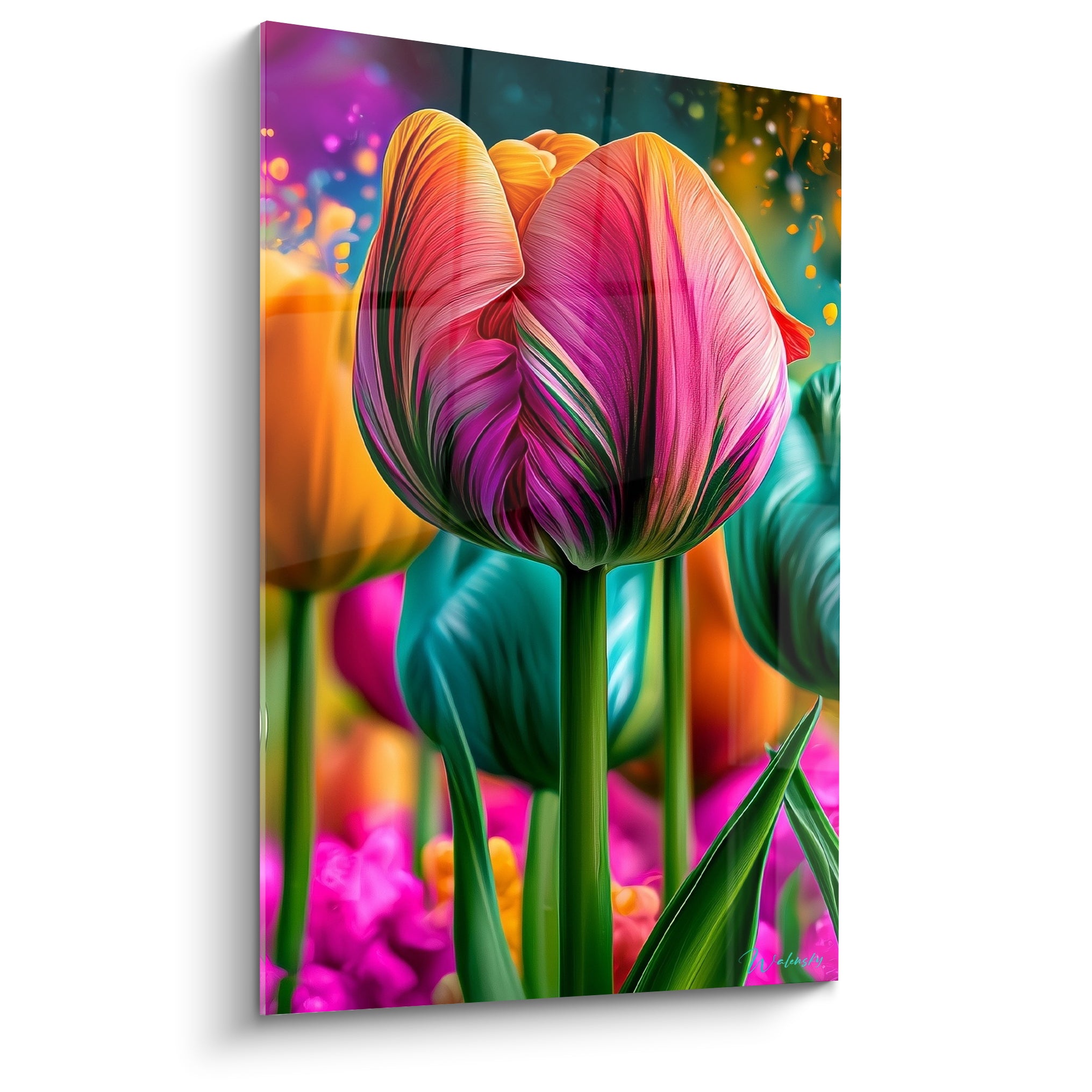 Tulipe rose et orange aux nervures détaillées, pétales veloutés sur fond turquoise flouté et lumineux