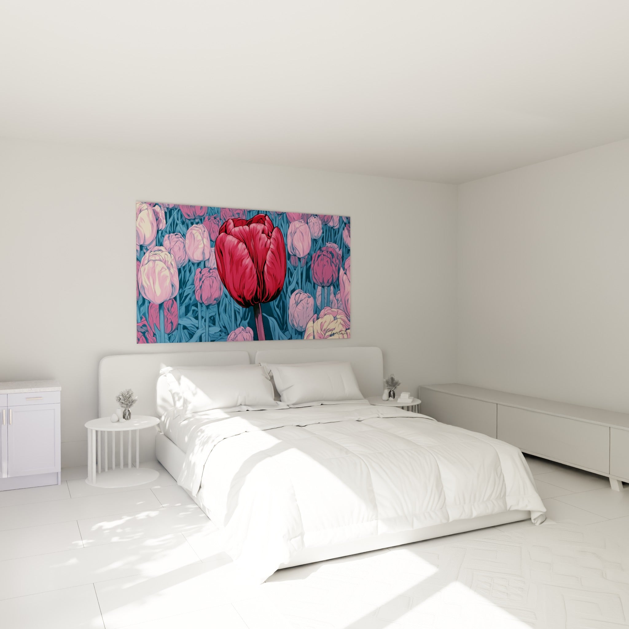 Tulipe rouge bordeaux et rose pâle accrochée au-dessus d'un lit dans une chambre claire