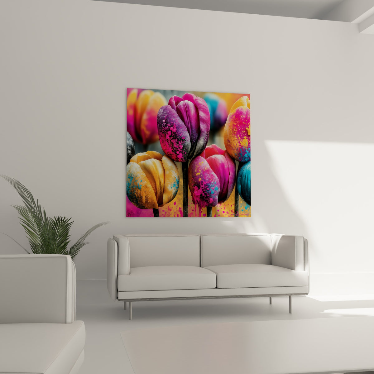 Pétales de tulipe roses et turquoise aux coulures de peinture, suspendus au-dessus d'un canapé dans un salon lumineux