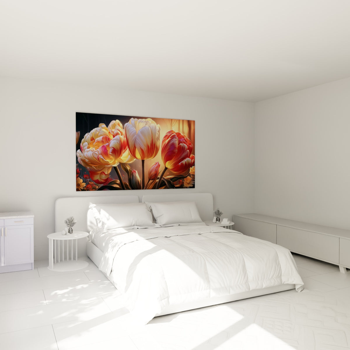 Bouquet de tulipes ivoire et rouges, lumière dorée, au-dessus d'un lit dans une chambre claire