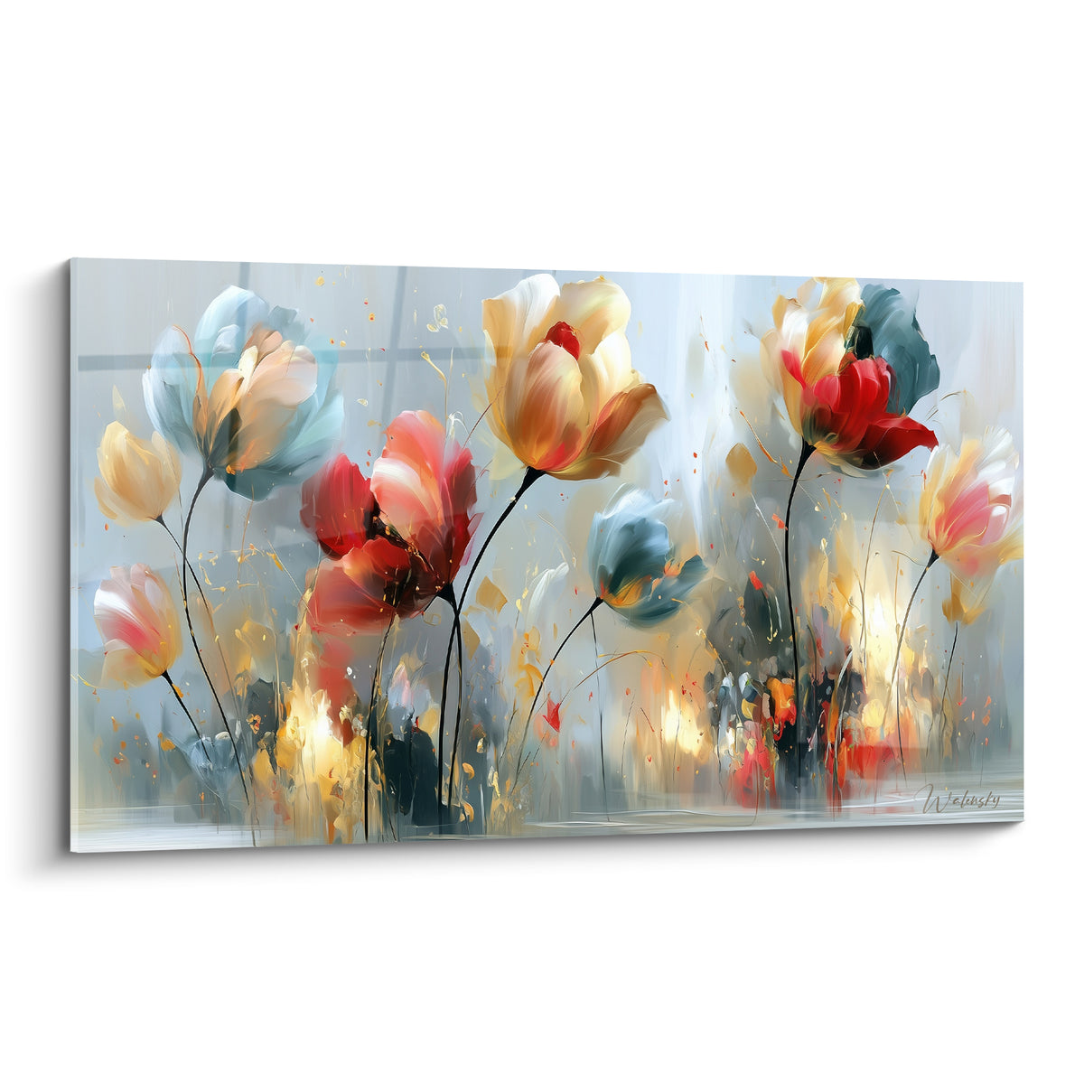 Tulipes rouge et bleu poudré aux pétales dorés, composition florale lumineuse sur fond gris brumeux