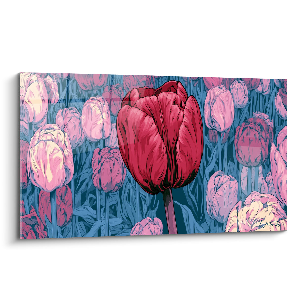 Tulipe rouge bordeaux dressée au centre d'un champ de tulipes roses et blanches illustrées