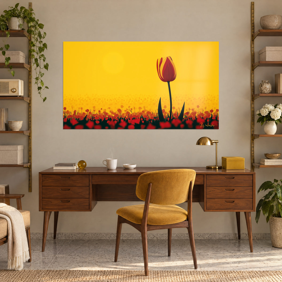 Tableau tulipe carmin à tige sombre, prairie de fleurs rouges et orangées sous un ciel moutarde, bureau en bois, fauteuil jaune
