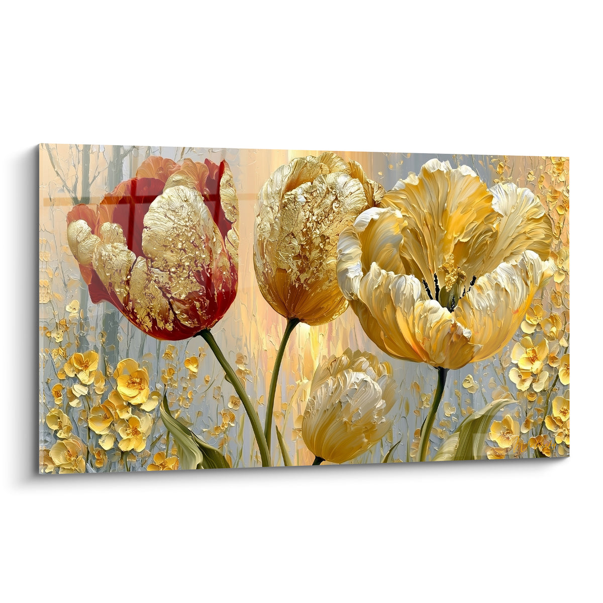 Tulipes dorées et rouge en relief, pétales texturés sur fond bleu gris pastel lumineux