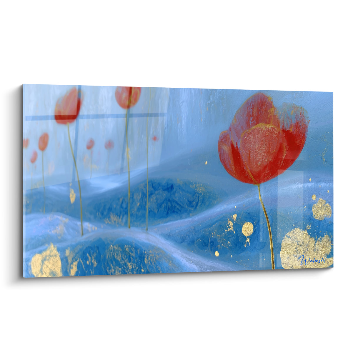 Tulipe rouge aux pétales texturés dorés se dressant sur fond de vagues bleu marine ondulantes
