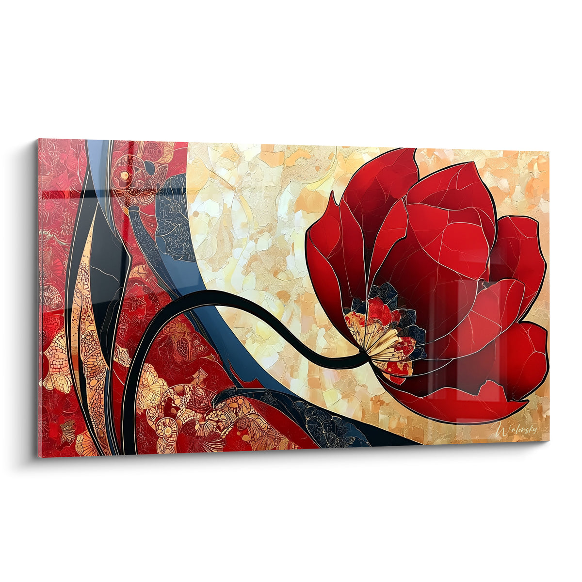 Tulipe rouge aux pétales cernés de noir sur fond doré texturé, style vitrail graphique