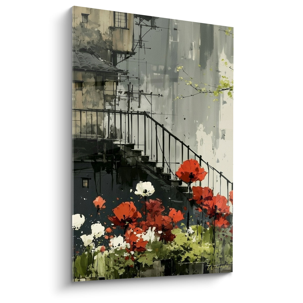 Tulipes rouges et blanches devant un escalier de fer gris anthracite et beige patiné