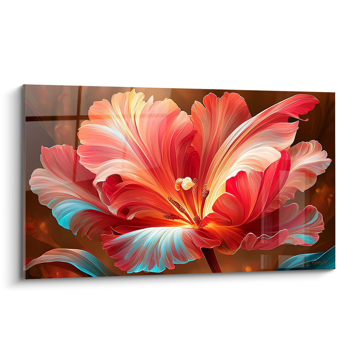 Tulipe rouge fauve aux nervures turquoise pastel, pétales déployés sur fond brun profond
