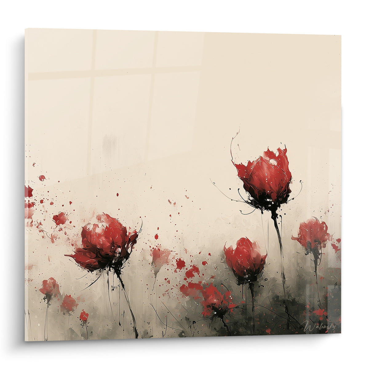 Tulipes rouge vermillon aux tiges noires filiformes se dressant sur fond ivoire brumeux