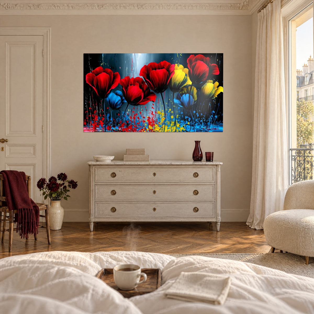 Tableau rangée florale pourpre et citron, gouttes bleues ruisselantes, au-dessus d'un lit dans une chambre claire