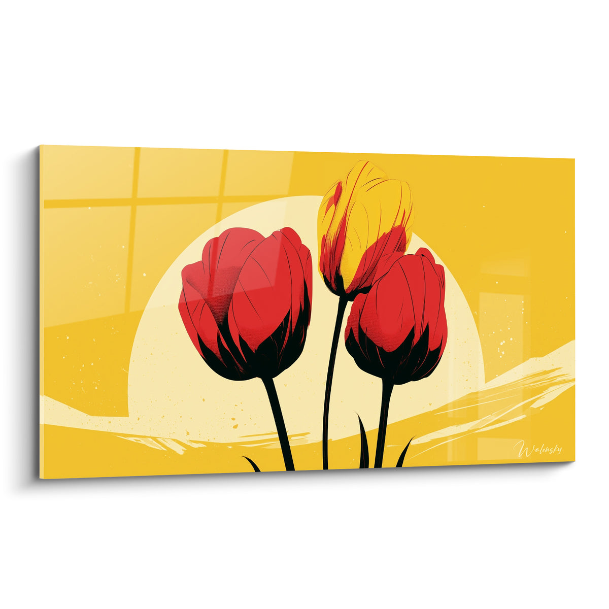 Trois tulipes rouges et jaunes stylisées se détachent sur un fond ocre en illustration graphique