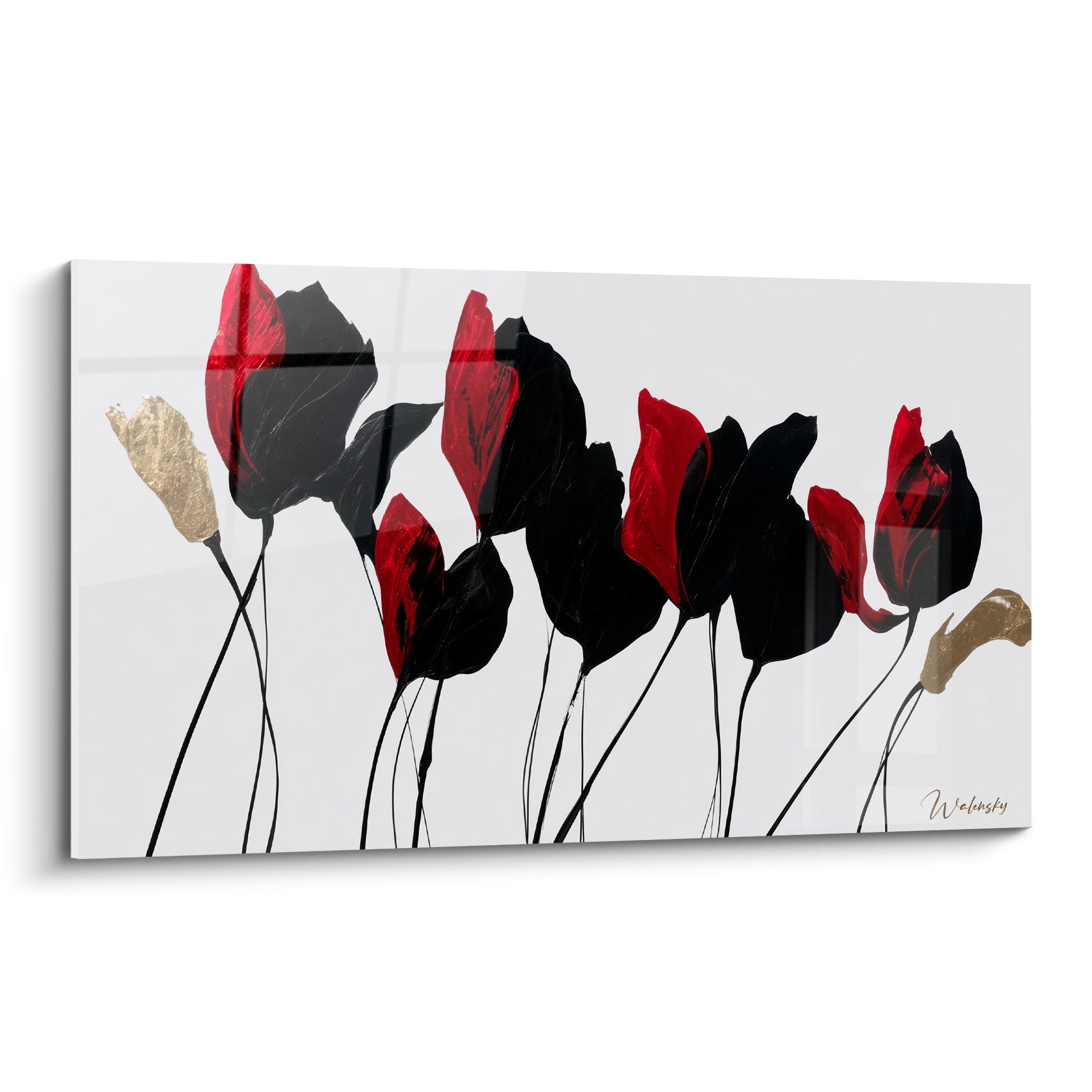 Tulipes rouge carmin et noires aux tiges fines sur fond gris clair, style graphique épuré