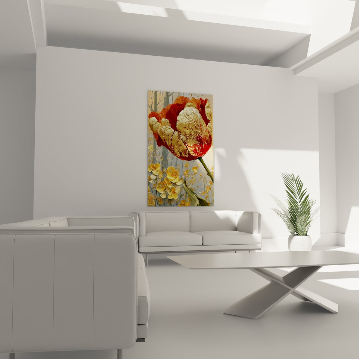 Fleurs jaunes et tulipe dorée disposées au-dessus d'un canapé dans un salon lumineux