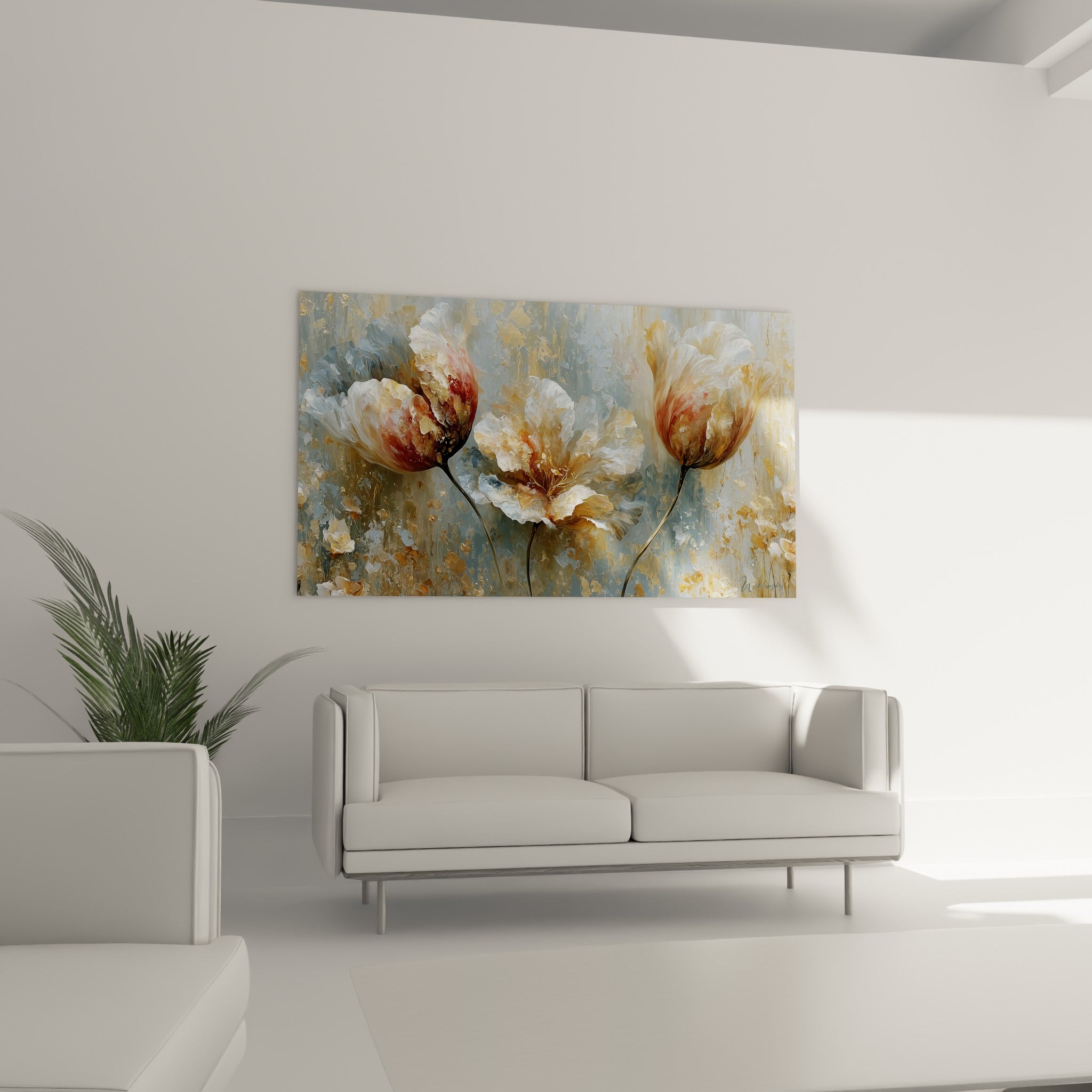 Pétales de tulipe blanc et ocre en pleine floraison, suspendus au-dessus d'un canapé dans un salon lumineux