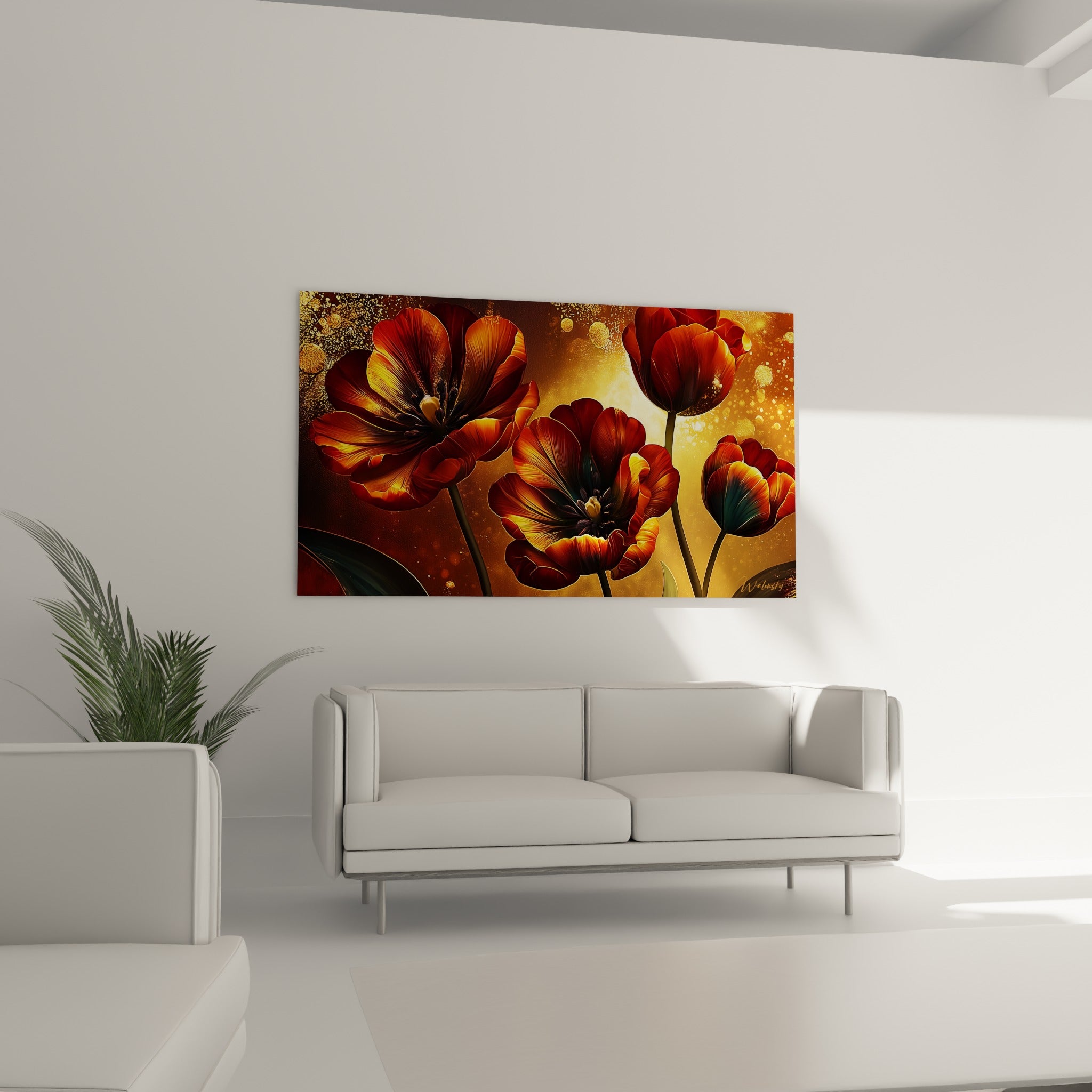 Fleurs bordeaux et ambrées aux nervures fines placées au-dessus d'un canapé dans un salon lumineux