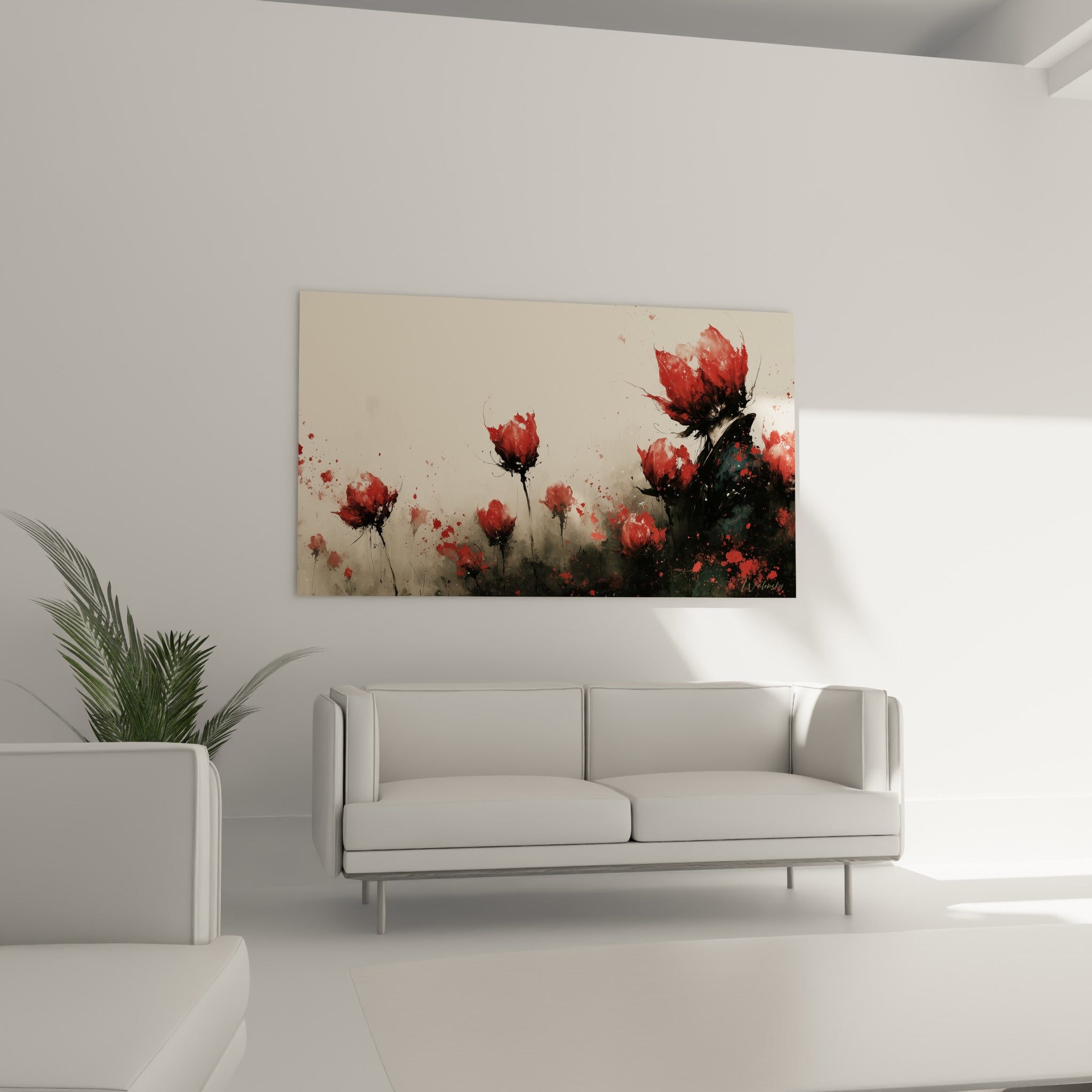 Silhouette bleu anthracite cachée parmi les tulipes rouges, au-dessus d'un canapé dans un salon lumineux