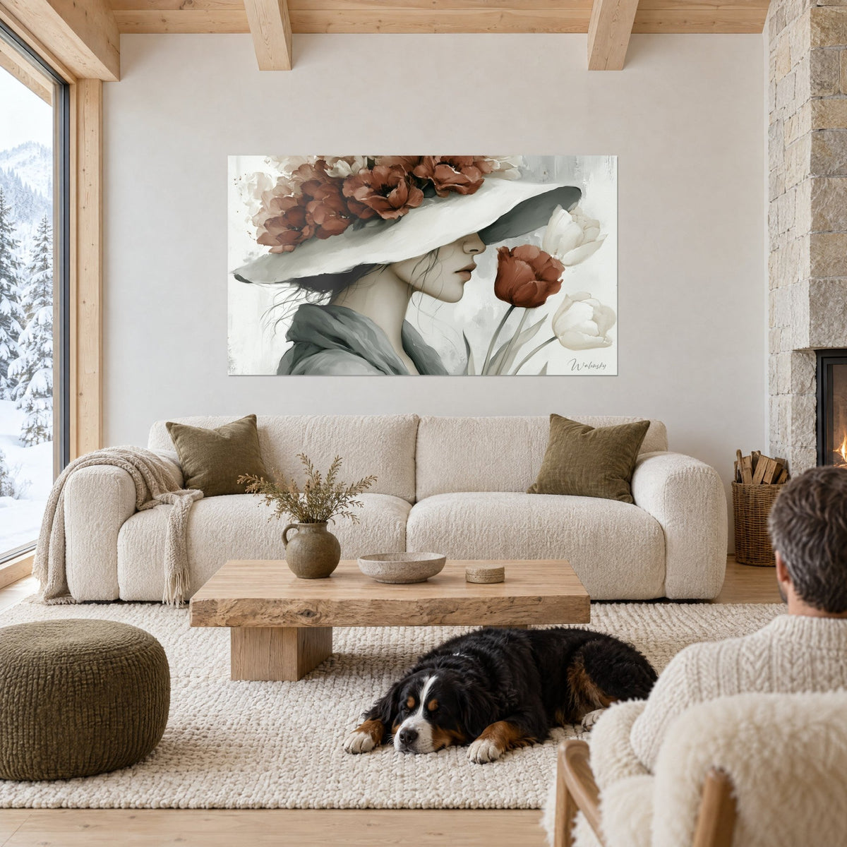 Tableau femme au profil pâle sous un large chapeau blanc, pivoines terracotta et rose poudré, au-dessus d'un canapé dans un salon lumineux