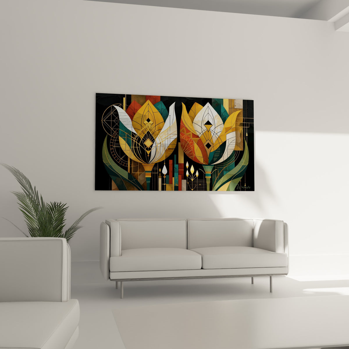 Motifs de Tulipe doré et terracotta aux lignes graphiques précises, au-dessus d'un canapé dans un salon lumineux