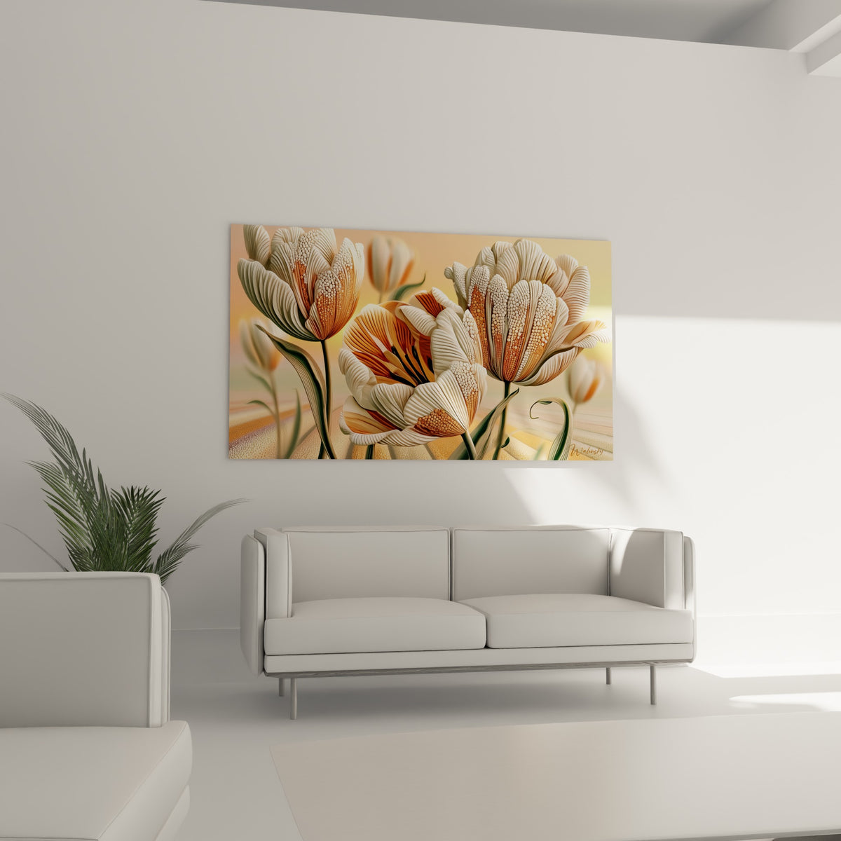 Tulipes texturées ivoire et terracotta suspendues au-dessus d'un canapé dans un salon lumineux