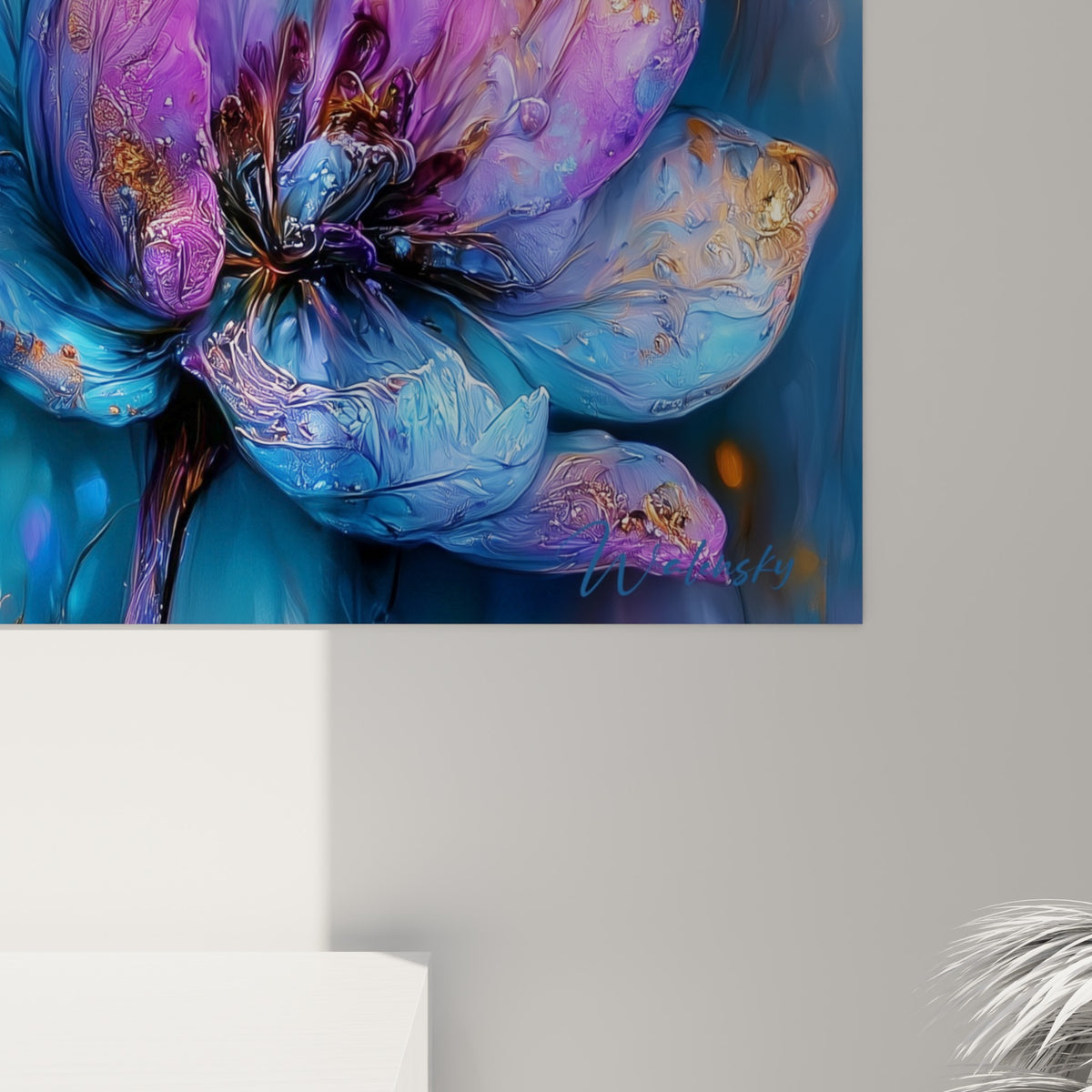 Grain et coulures dorées visibles sur les pétales violets et bleu marine de cette toile de tulipes