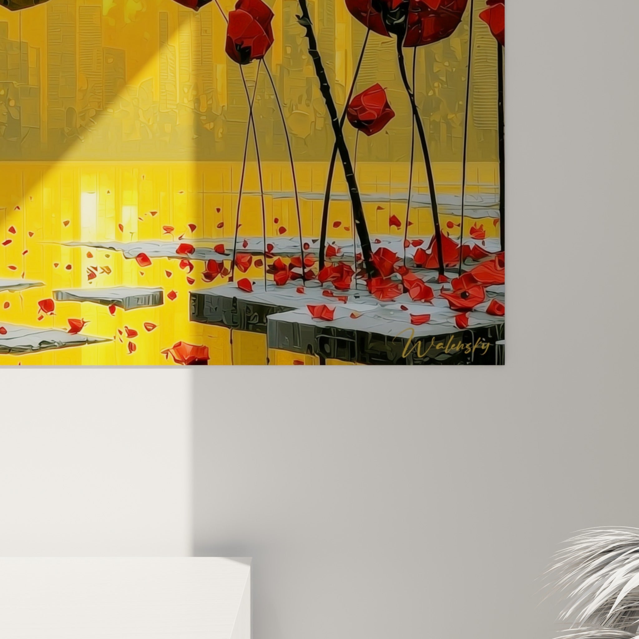 Empâtements rouges et jaunes révèlent le grain épais de la peinture sur les pétales de tulipe