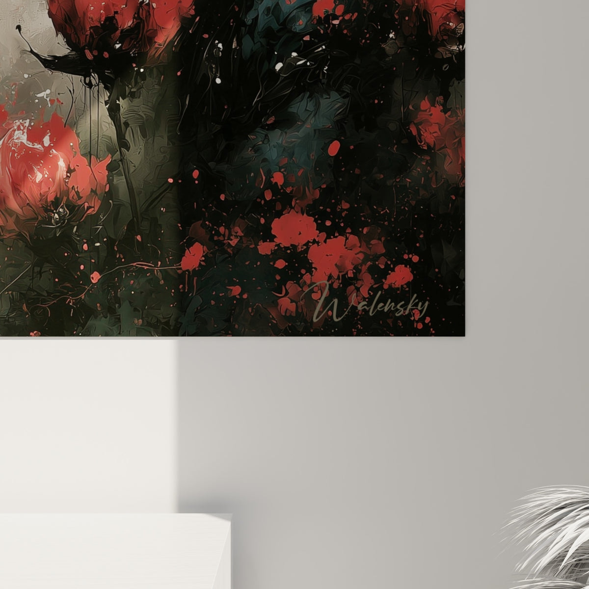 Empâtements rouges et coulures noires se mêlant sur la toile, grain encré visible de près sur fond ivoire