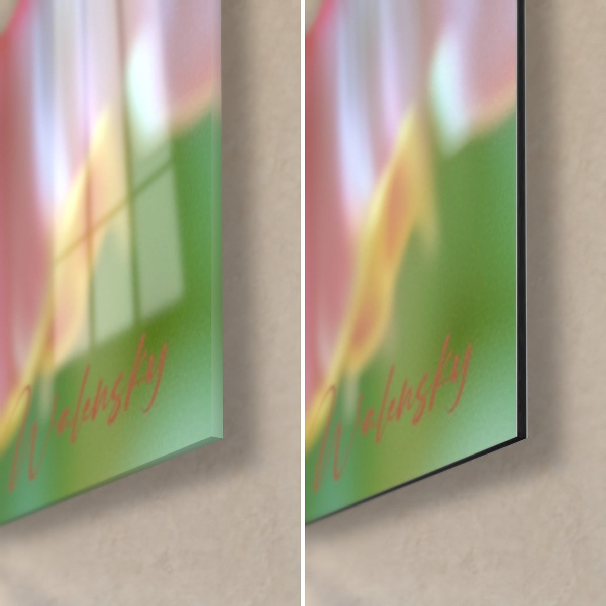 Tableau tulipe frangée rose et vert, coin bas droit : verre acrylique brillant à gauche, Dibond mat noir à droite, tranche de 3 mm