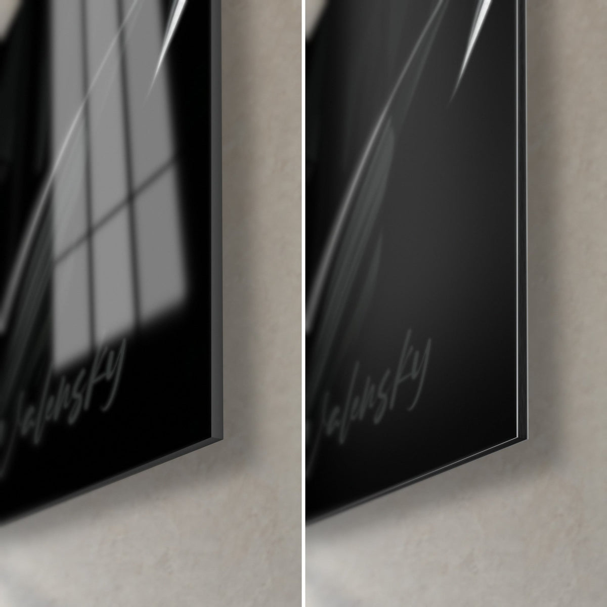 Wall art black flowers in chiaroscuro, bottom right corner: glossy acrylic glass on the left, matt Dibond on the right, 3 mm edge