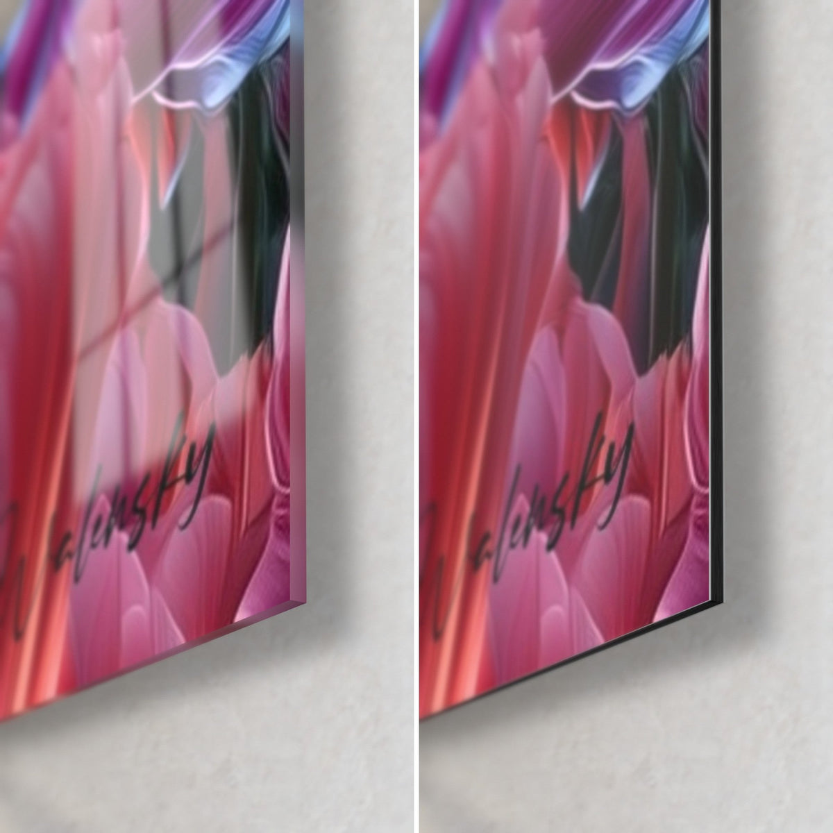 Schilderij van een tulpenveld in koraalroze en violet, rechtsonder de hoek: glanzend acrylglas links, mat Dibond rechts, 3 mm rand