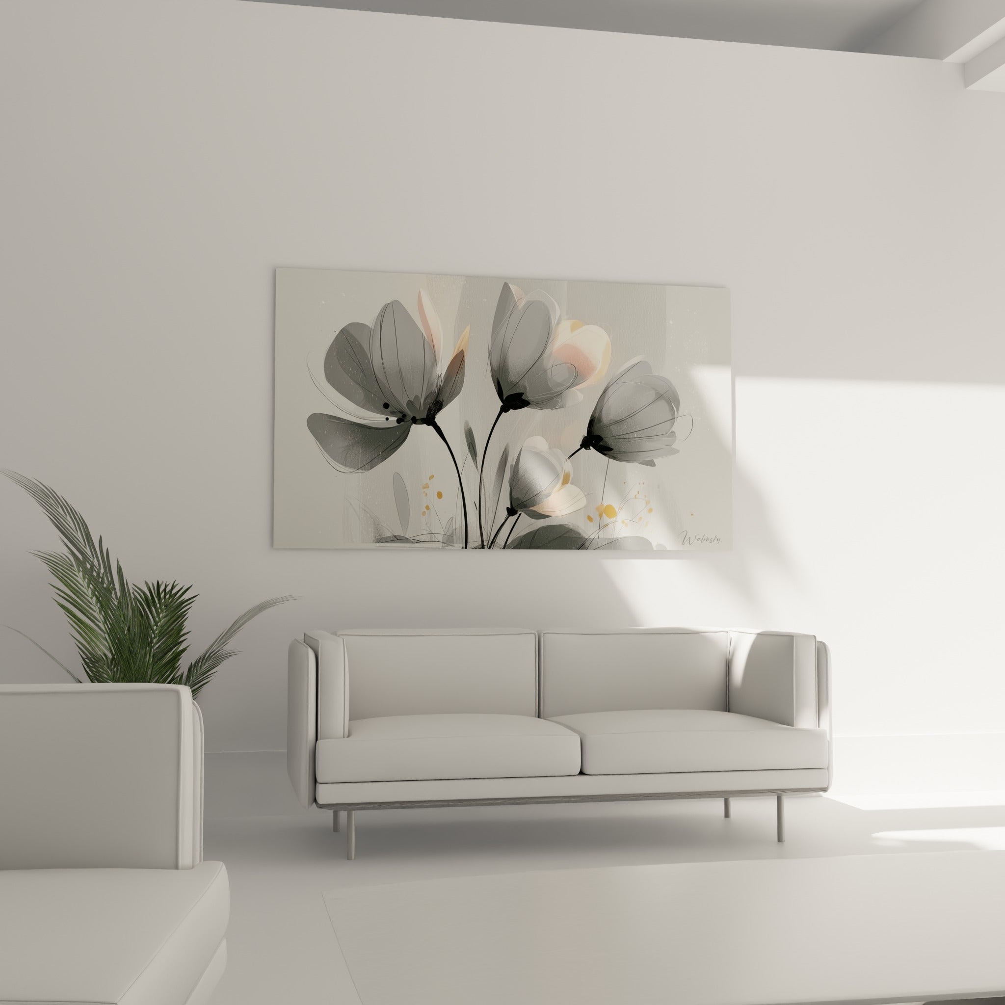 Fleurs de tulipe pêche pâle et grises au-dessus d'un canapé dans un salon lumineux